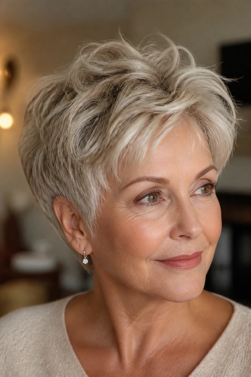 Close-up of a real woman with rounded pixie bob and piecey crown volume