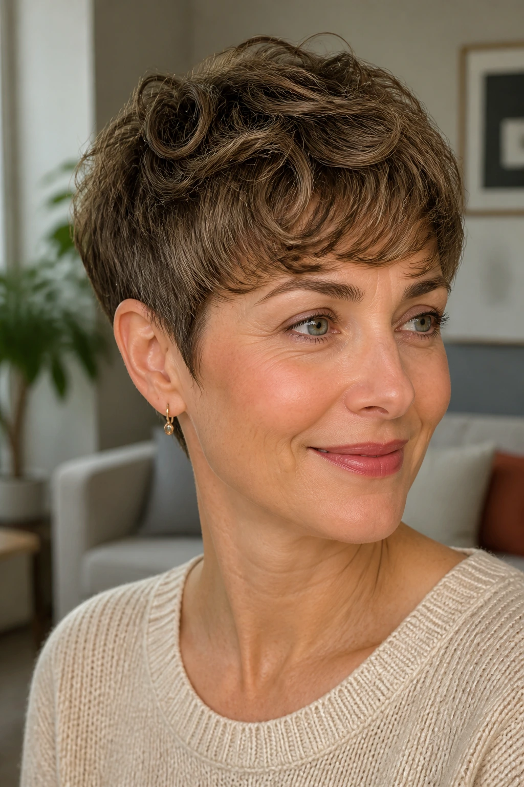 Close-up portrait of a real woman with a rounded pixie crop in warm window light