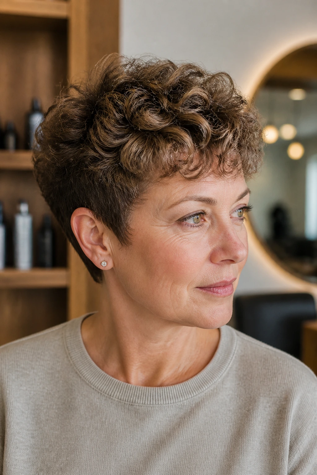 Close-up of a real woman with a rounded curly pixie and feathered crown