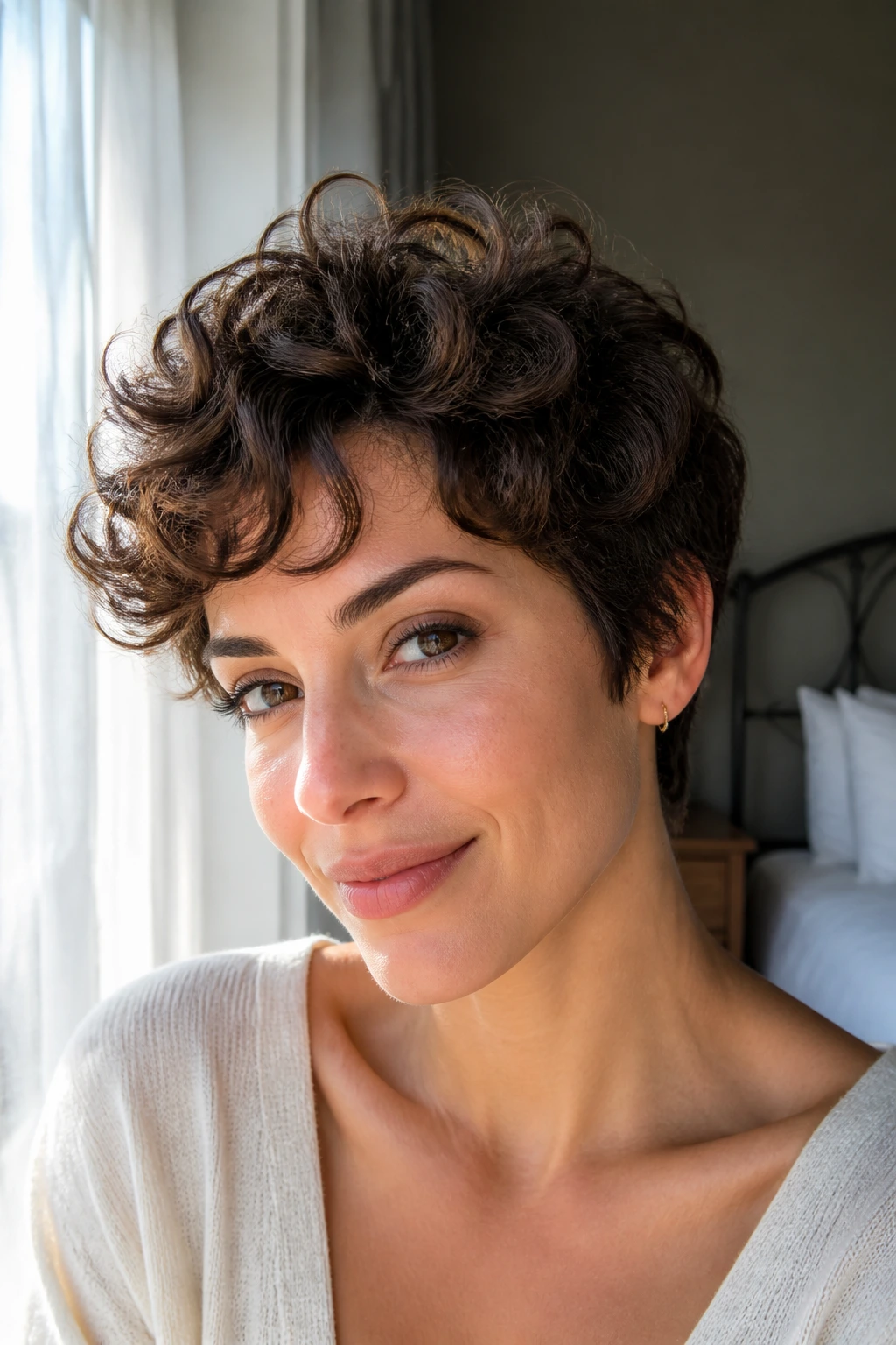 Close-up of a real woman with rounded long pixie and airy crown in a sunlit bedroom