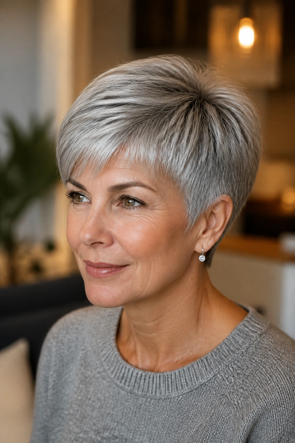Close-up portrait of a real woman with rounded pixie for dense gray hair