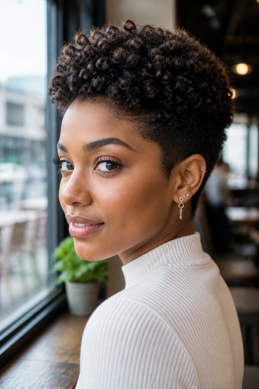 Close up of real person with rounded pixie fro and defined coils in cafe window light.