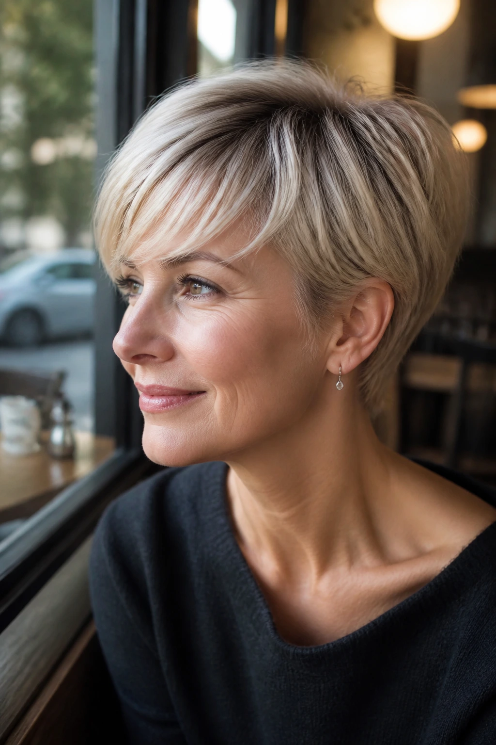 Close-up of a real woman with rounded pixie and airy side bangs in a cafe setting
