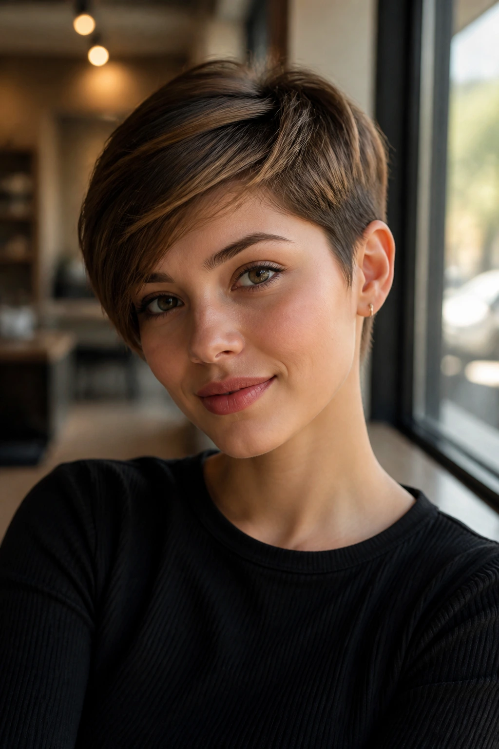 Close-up of rounded pixie with longer top on a real person