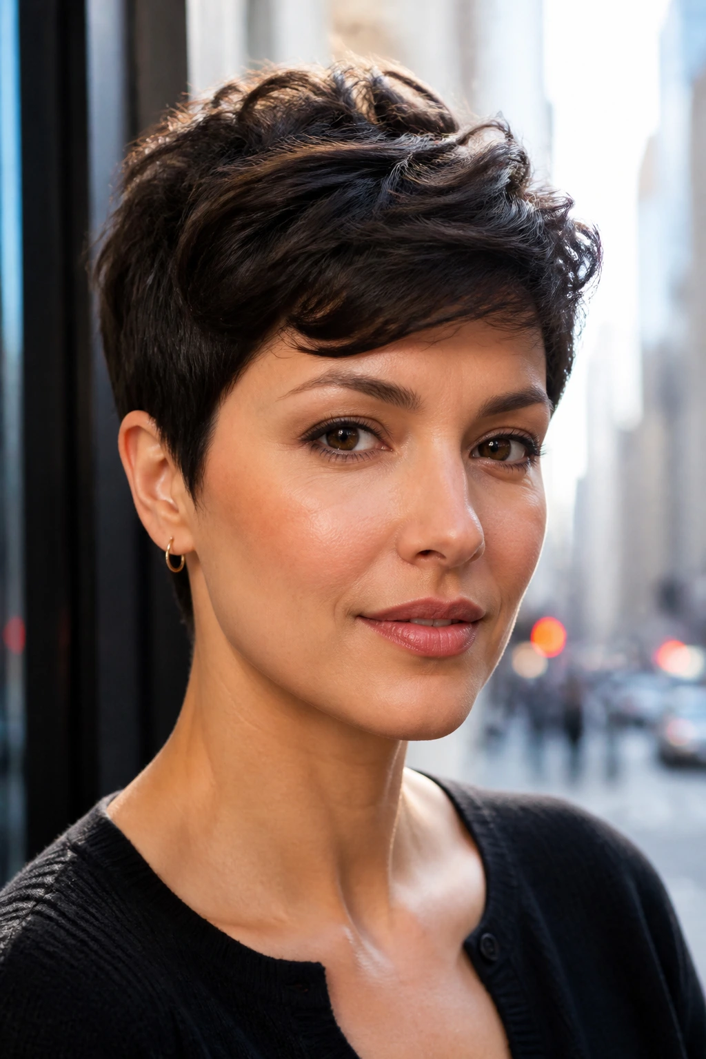 Portrait of person with rounded pixie and longer top