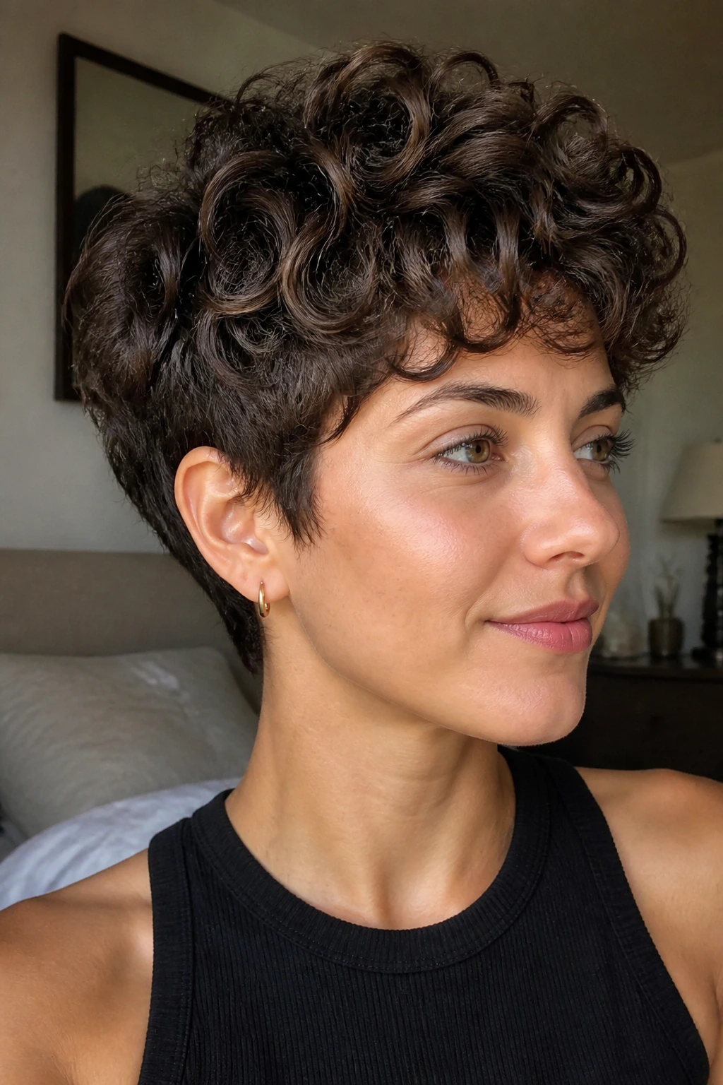 Close-up of person with rounded curly pixie and micro layers