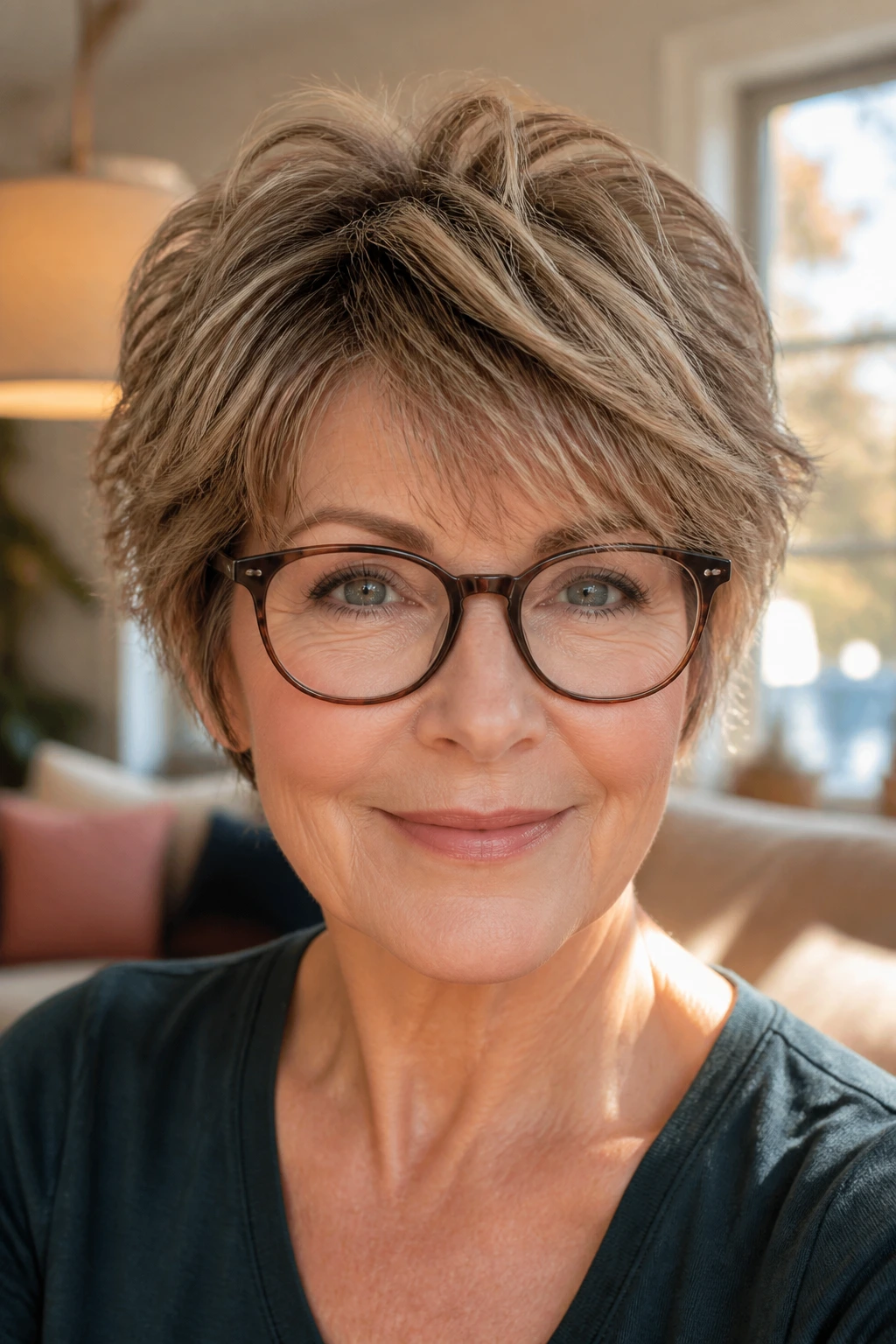 Close-up portrait of a real woman with rounded pixie shag that frames glasses in warm window light