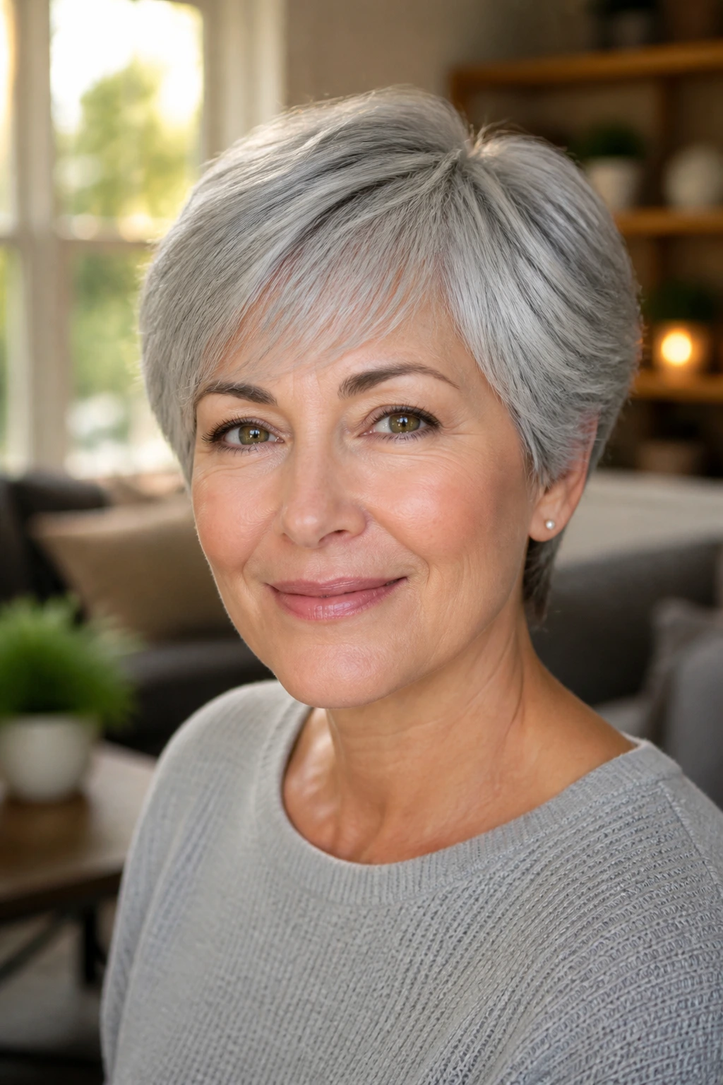 Close-up of gray-haired woman with Rounded Pixie side volume.