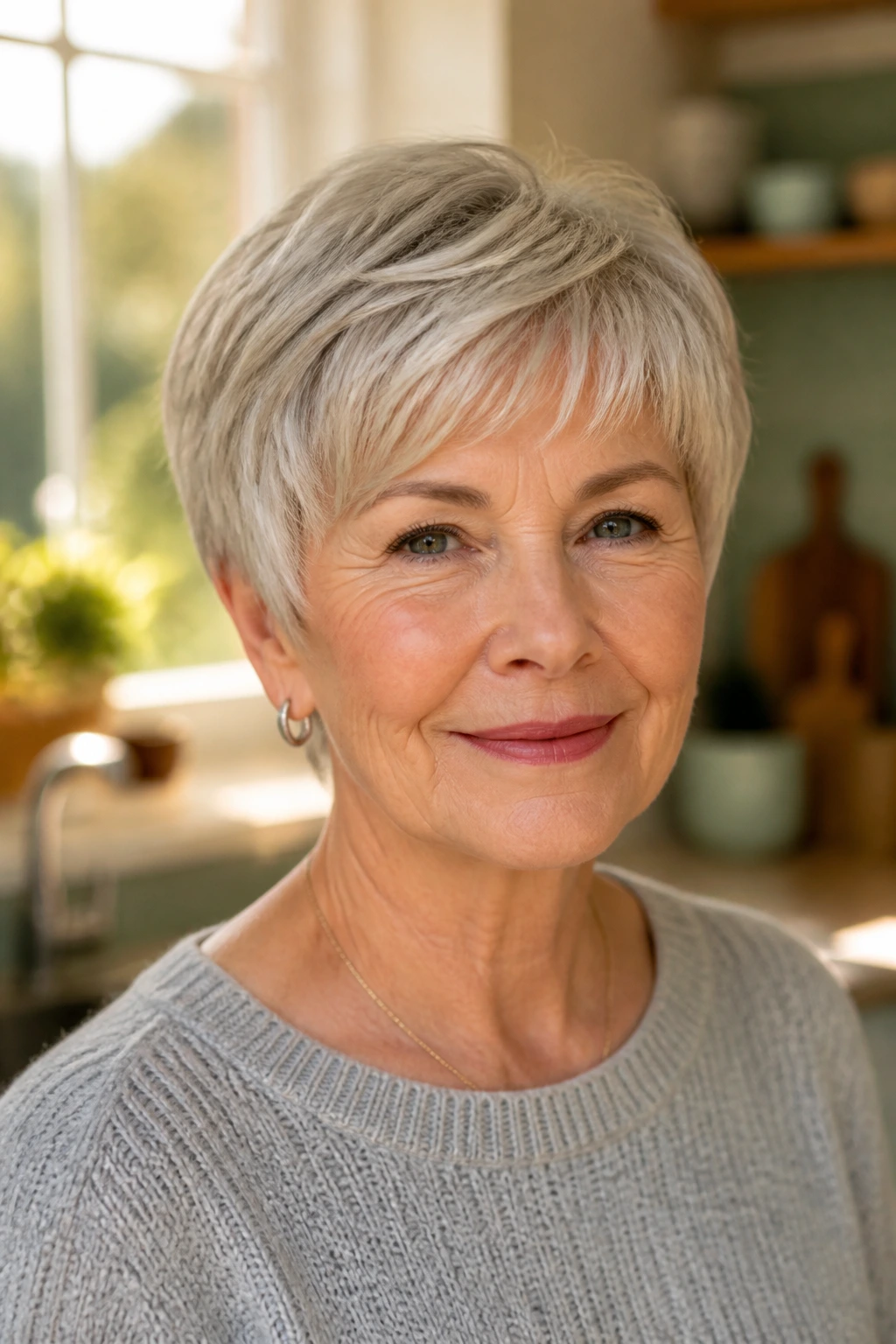 Real woman with rounded pixie and soft fringe in natural light.