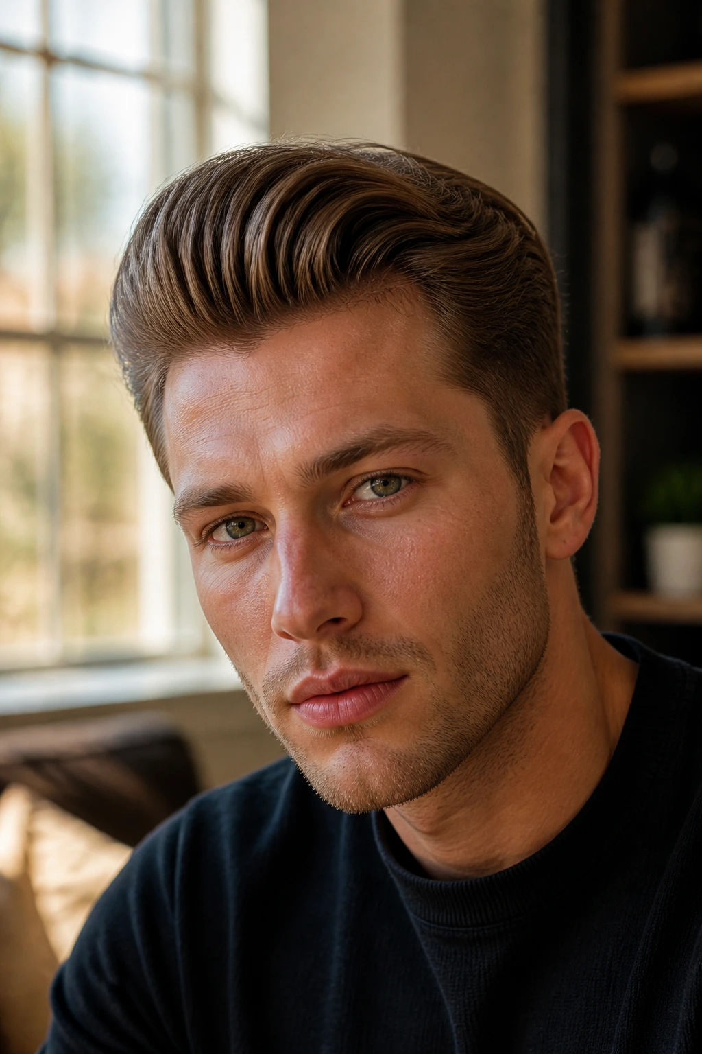 Close-up portrait showing a rounded quiff on a real person.
