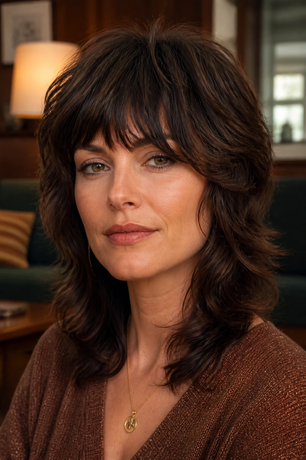 Close-up portrait of a real woman with rounded retro shag.