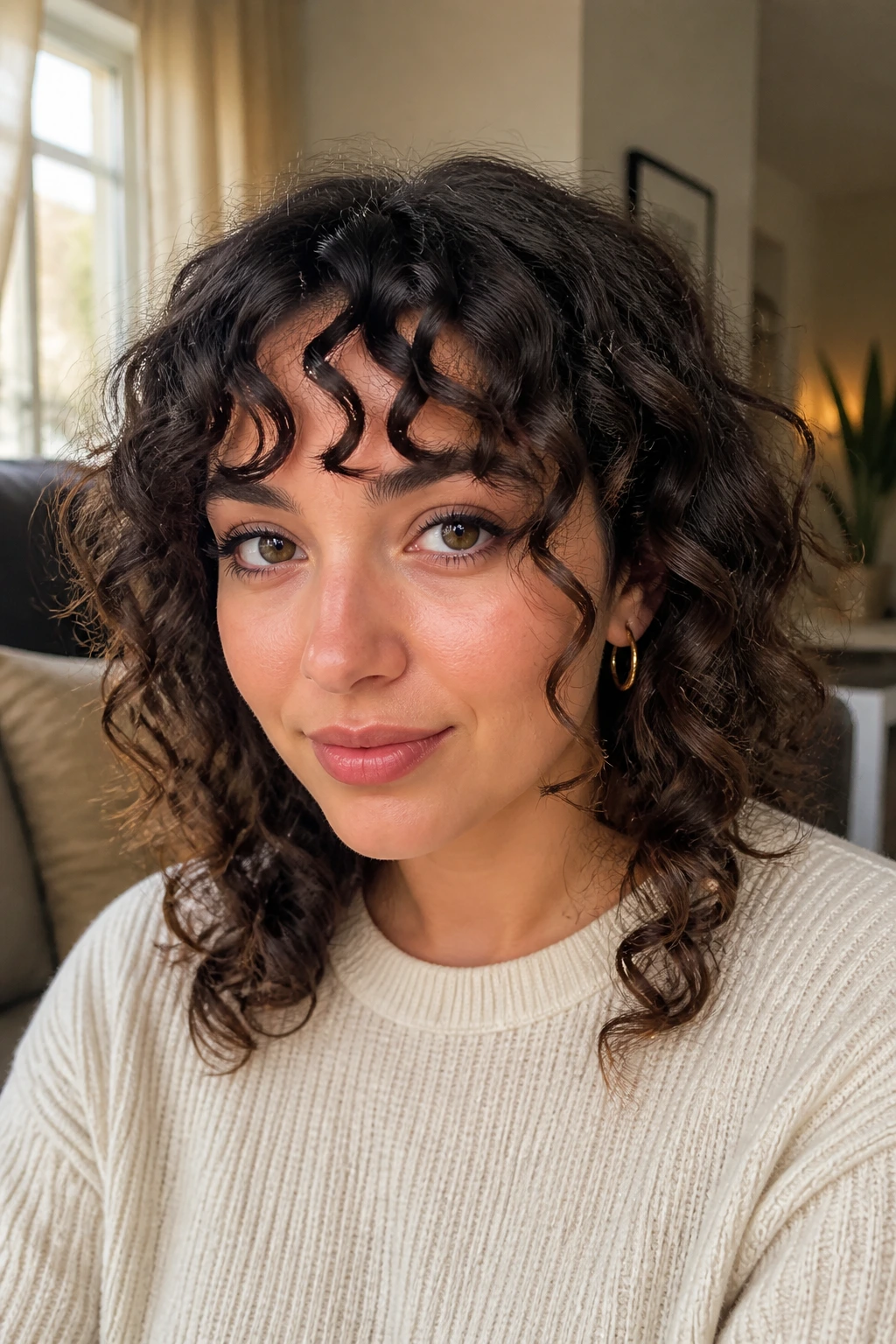 Portrait showing rounded ringlet bangs front and center