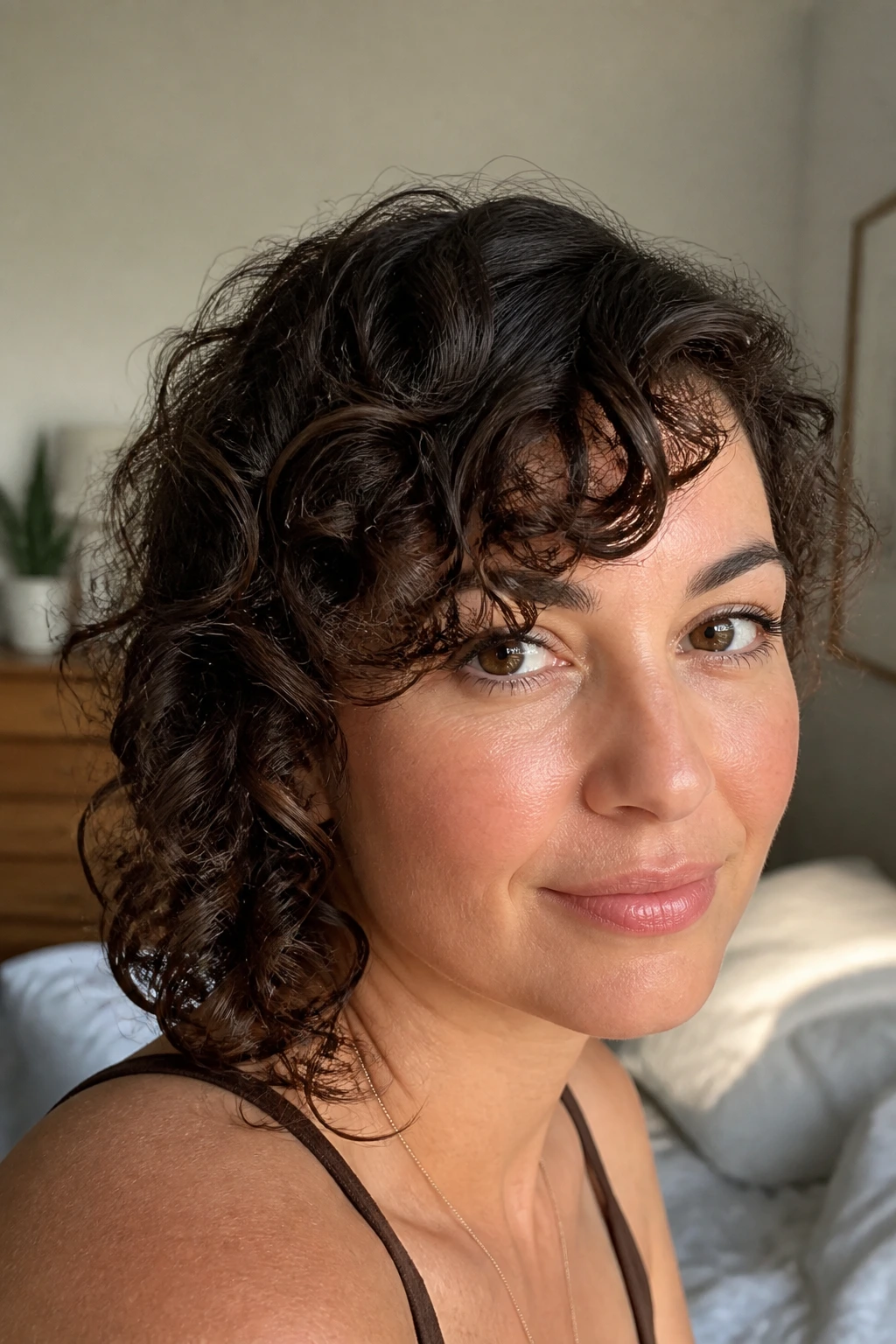 Close-up of a real woman with rounded ringlets and a soft bend along the forehead
