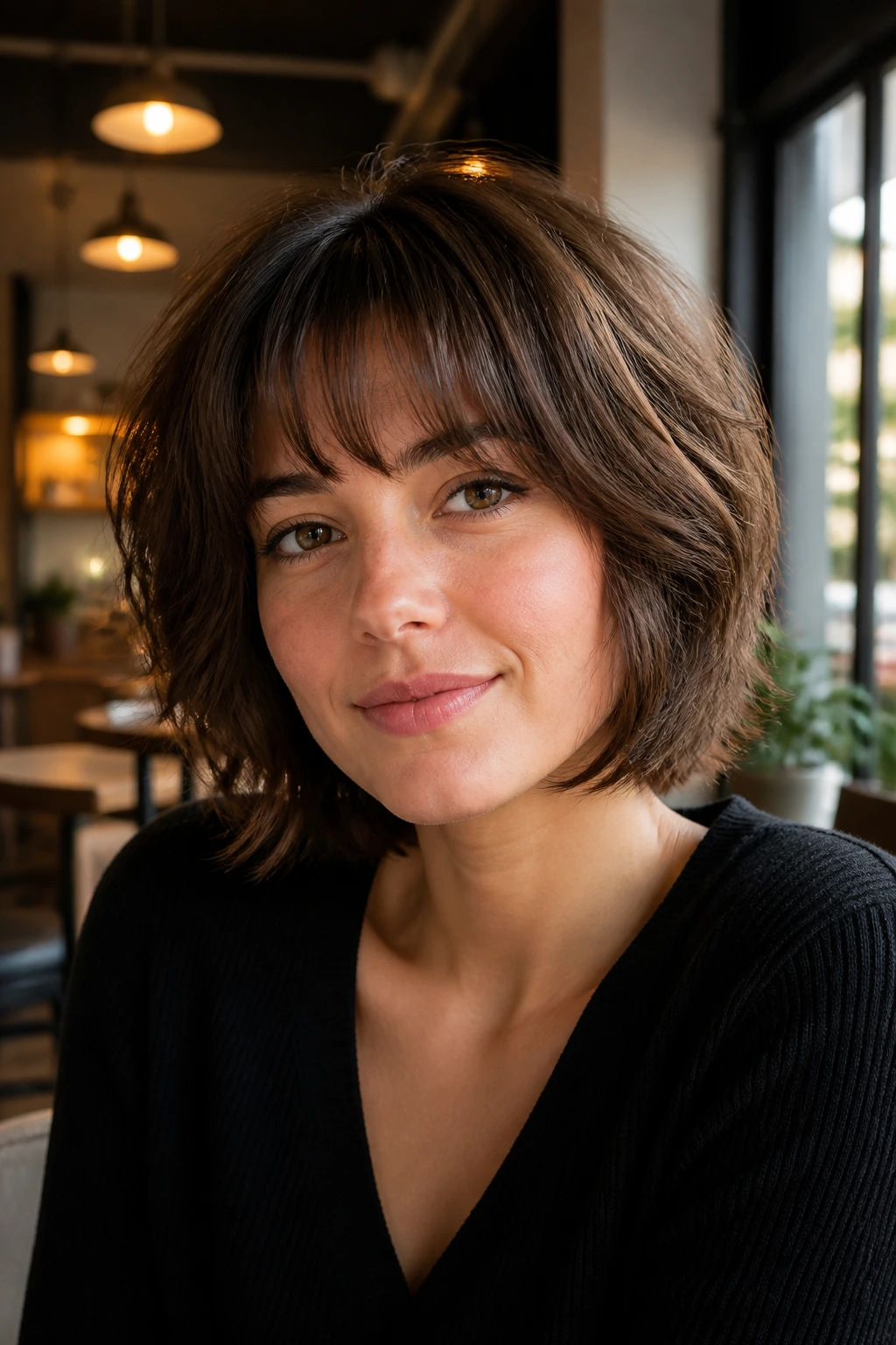 Close-up portrait of a real person with a rounded shag bob and soft fringe