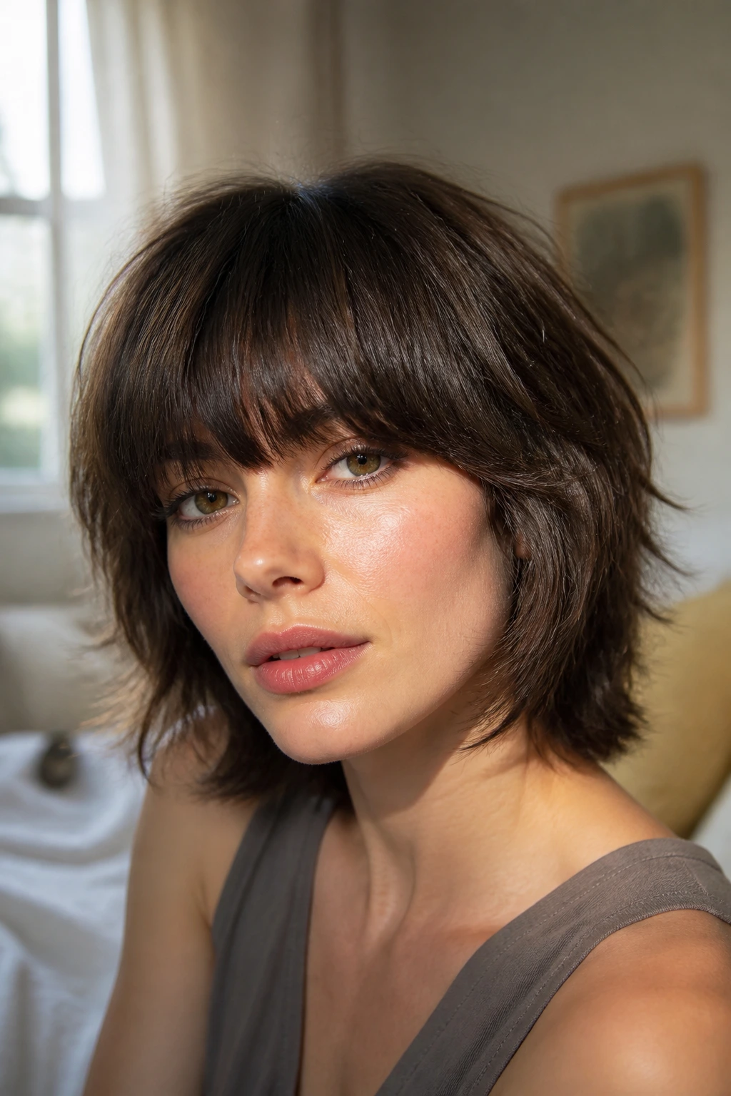 Portrait of a woman with rounded shag and full brow-grazing bangs in soft daylight