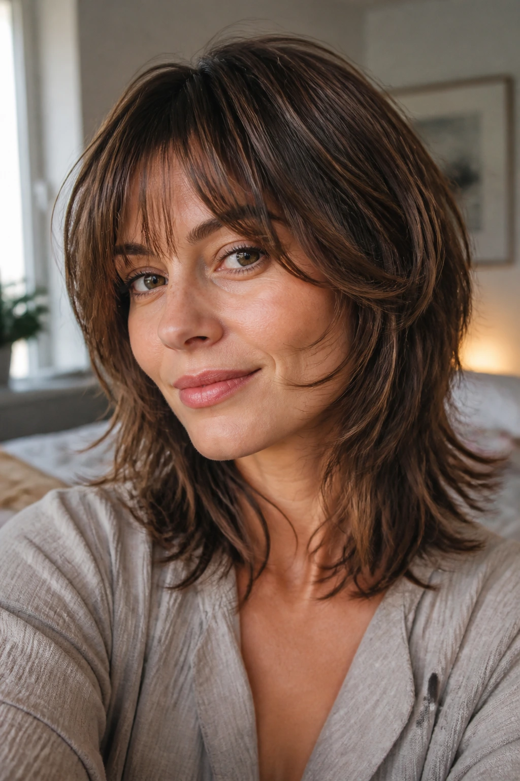 Close-up portrait of a real woman with rounded shag and cheekbone pieces framing the face
