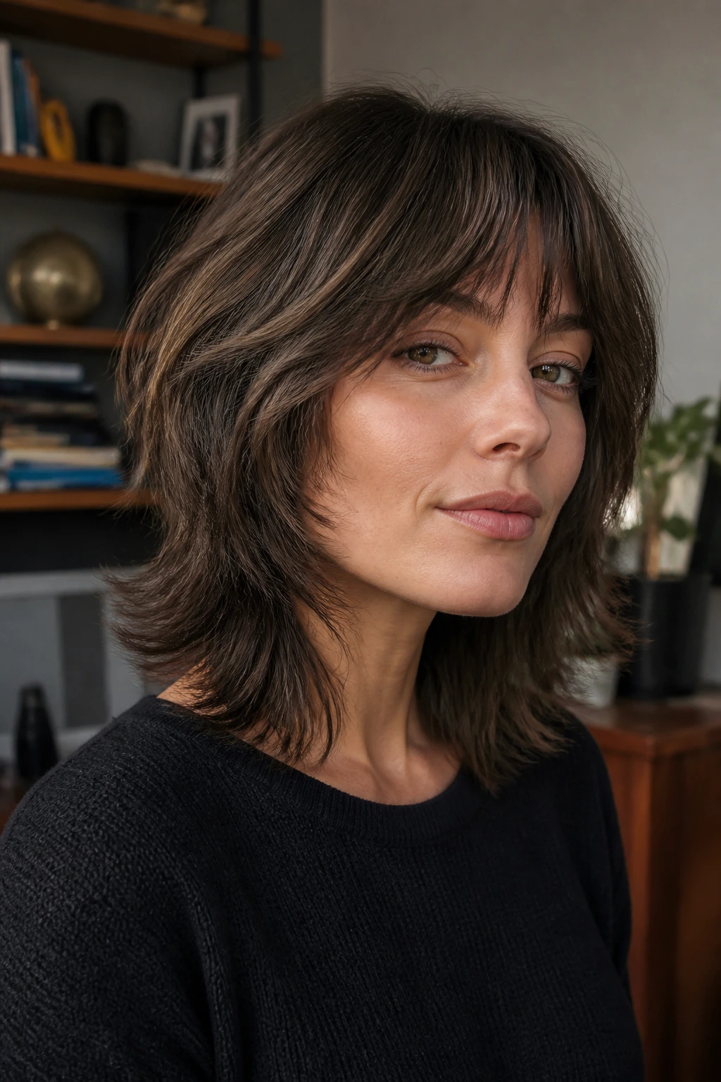 Portrait of a real person with Rounded Shag and Cheekbone Layers