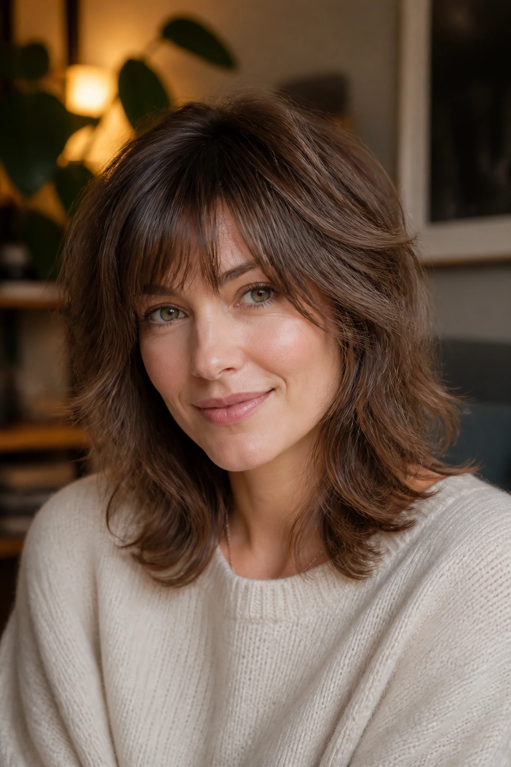 Close-up of a real woman with rounded shag and feathered bangs in a cozy living room setting