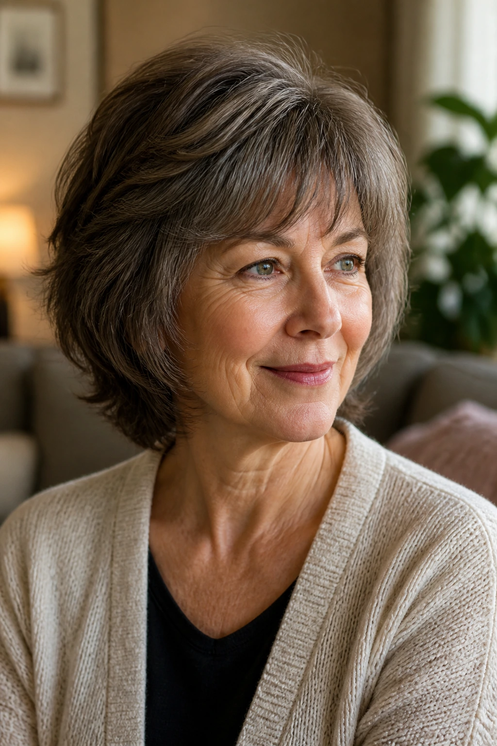 Close-up portrait of a real woman with rounded shag and soft crown volume