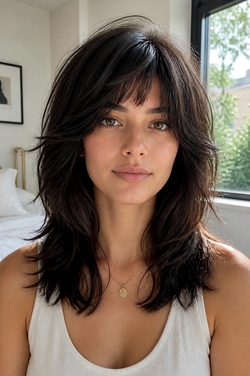 Medium close-up of Rounded Shag for Thick Hair on a real person with a rounded silhouette