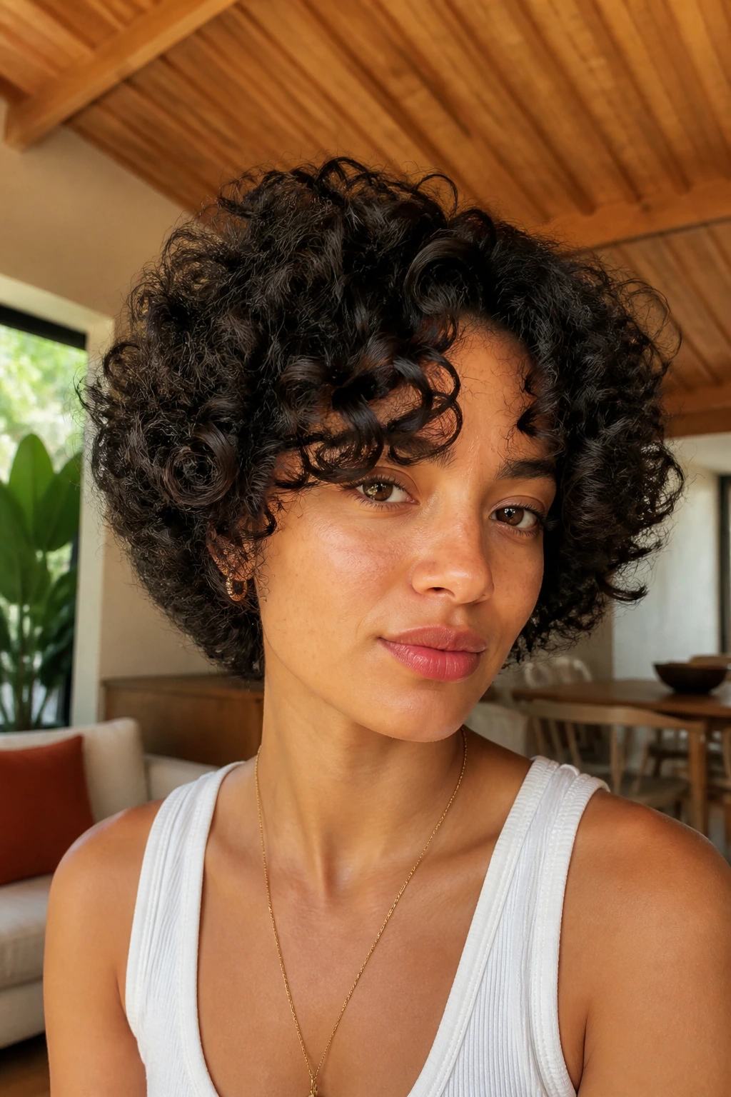 Real person with sculpted rounded shag and tight curls