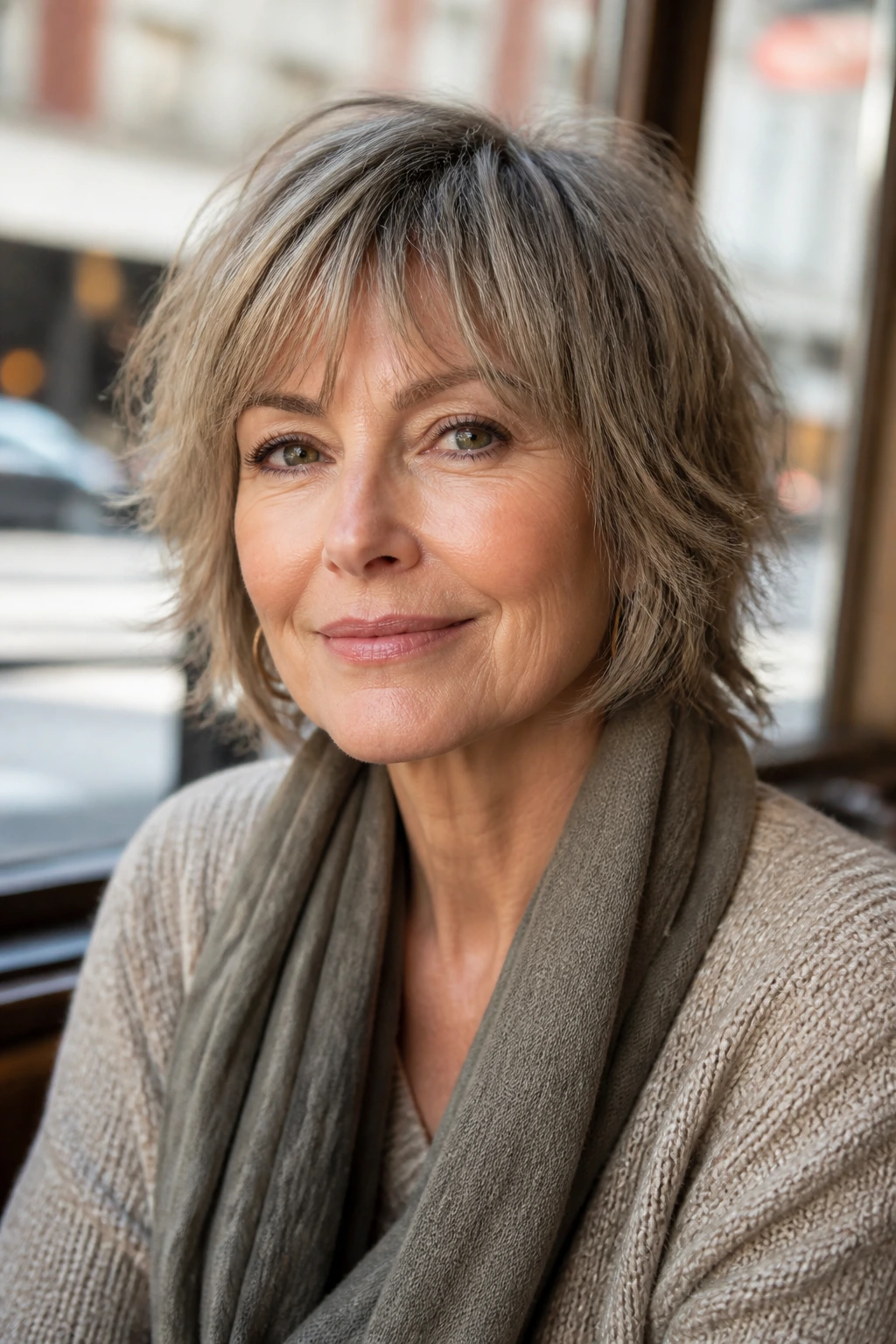 Close-up portrait of a real woman with Rounded Shag and Wispy Fringe