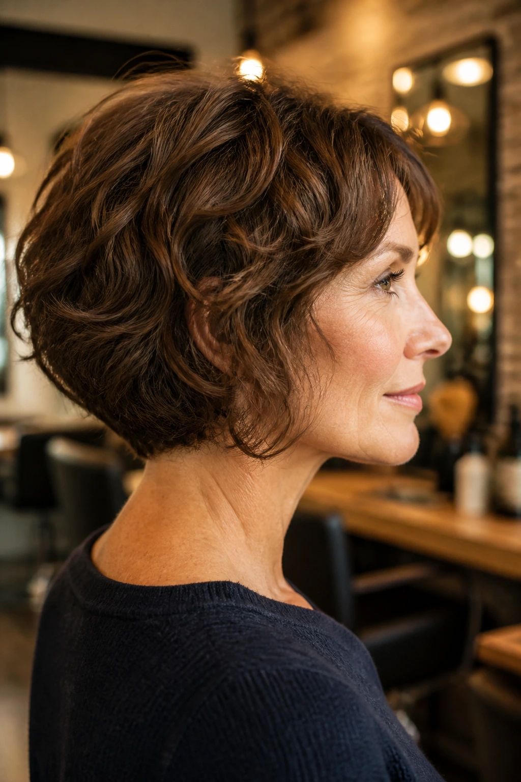 Close-up of a real woman's rounded short wavy haircut in a warm salon setting