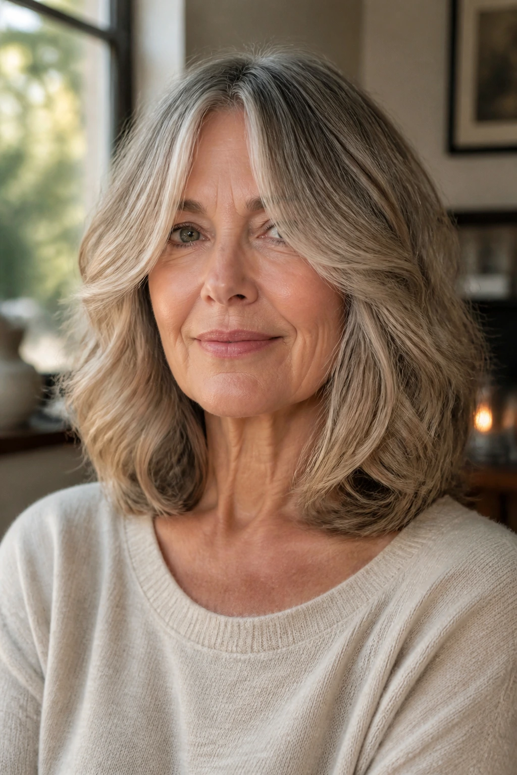 Close-up of woman with rounded shoulder cut and curtain bangs framing face
