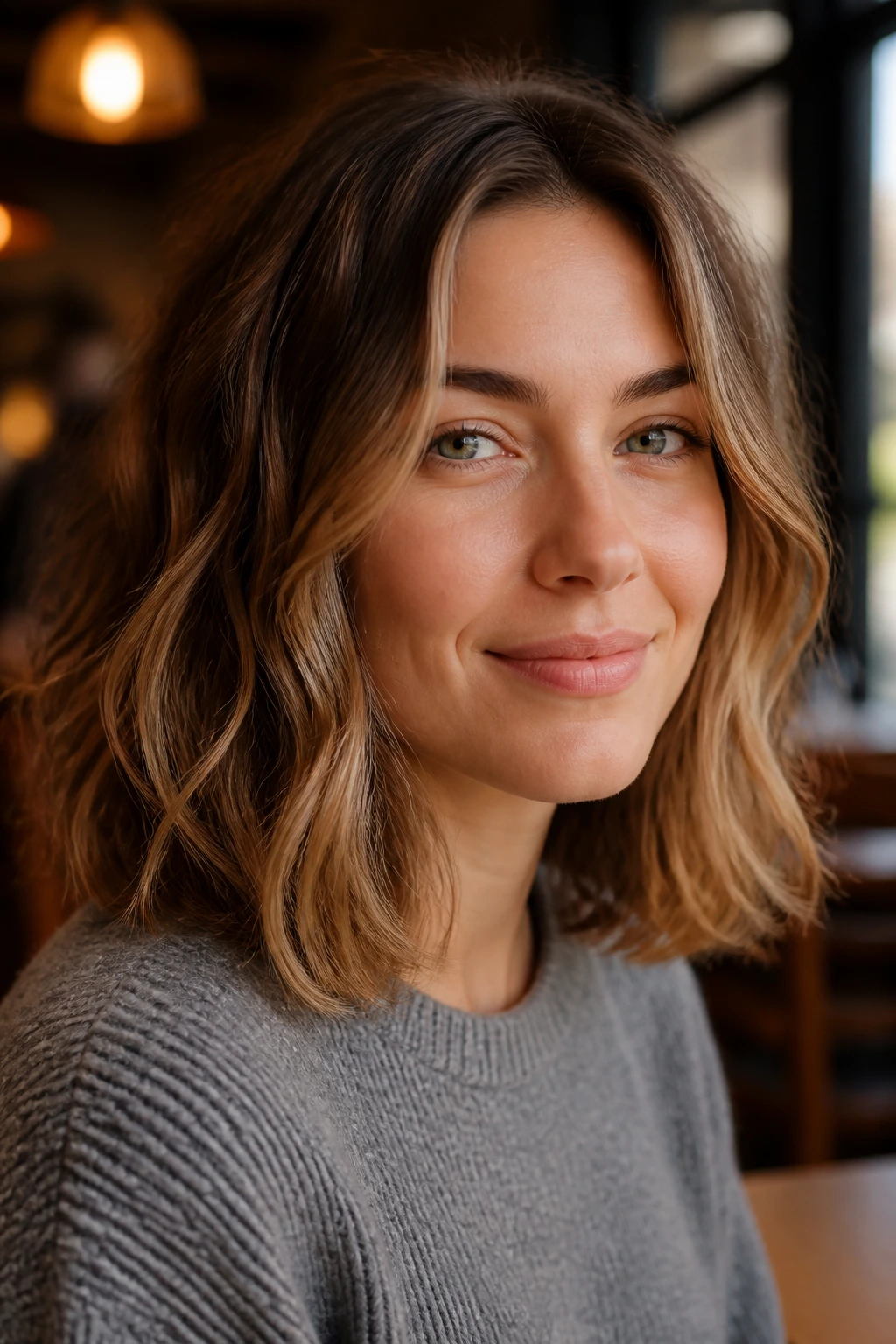 Portrait of a real woman with rounded shoulder cut and blunt ends