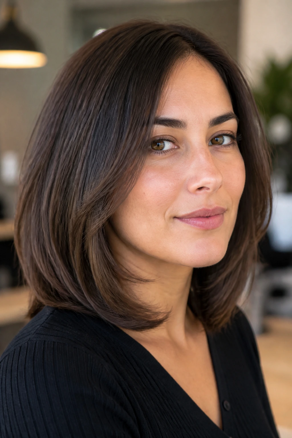 Close-up portrait of a real woman with rounded shoulder-length cut and chin layers.