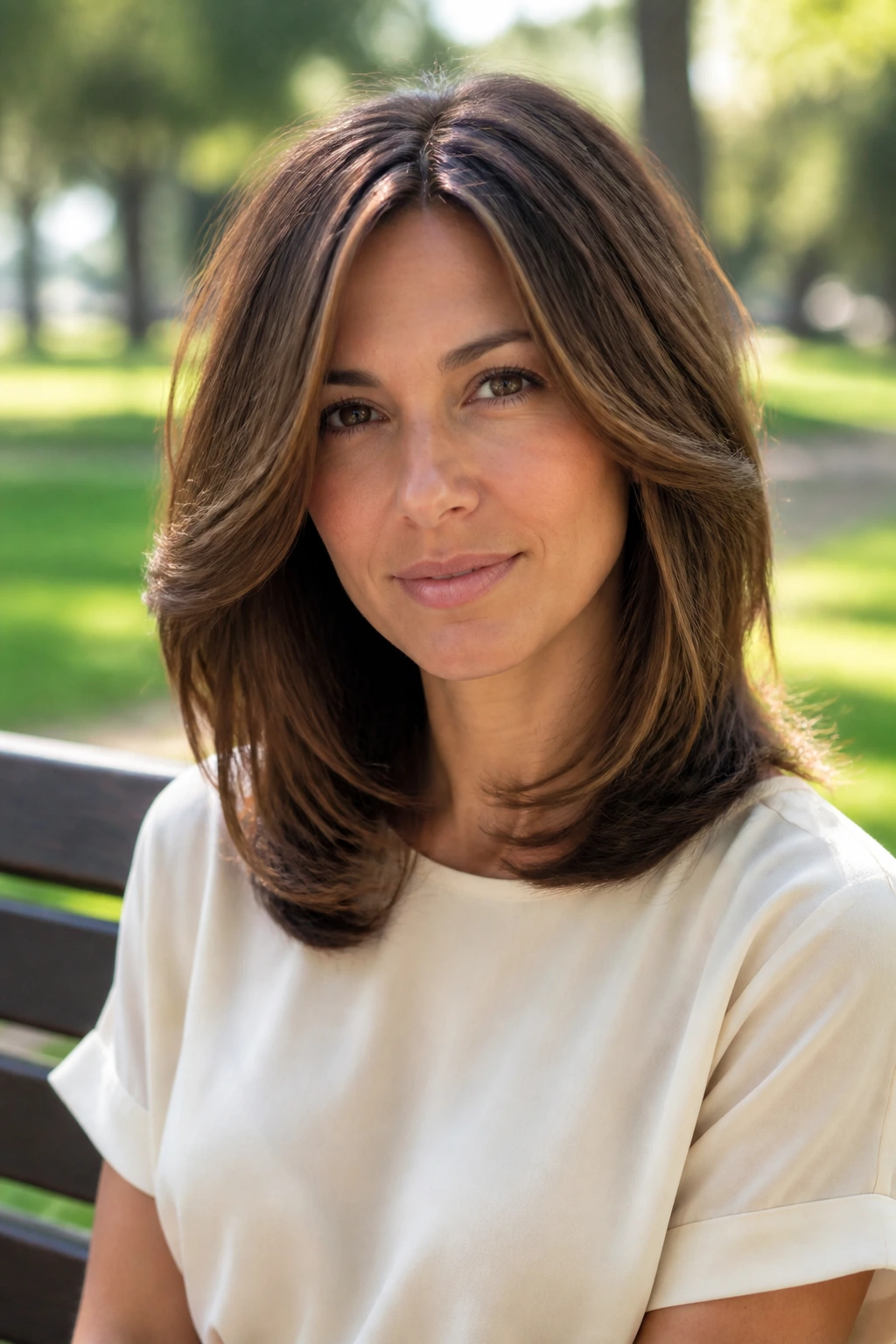 Portrait of a real woman with a rounded shoulder cut and internal layers