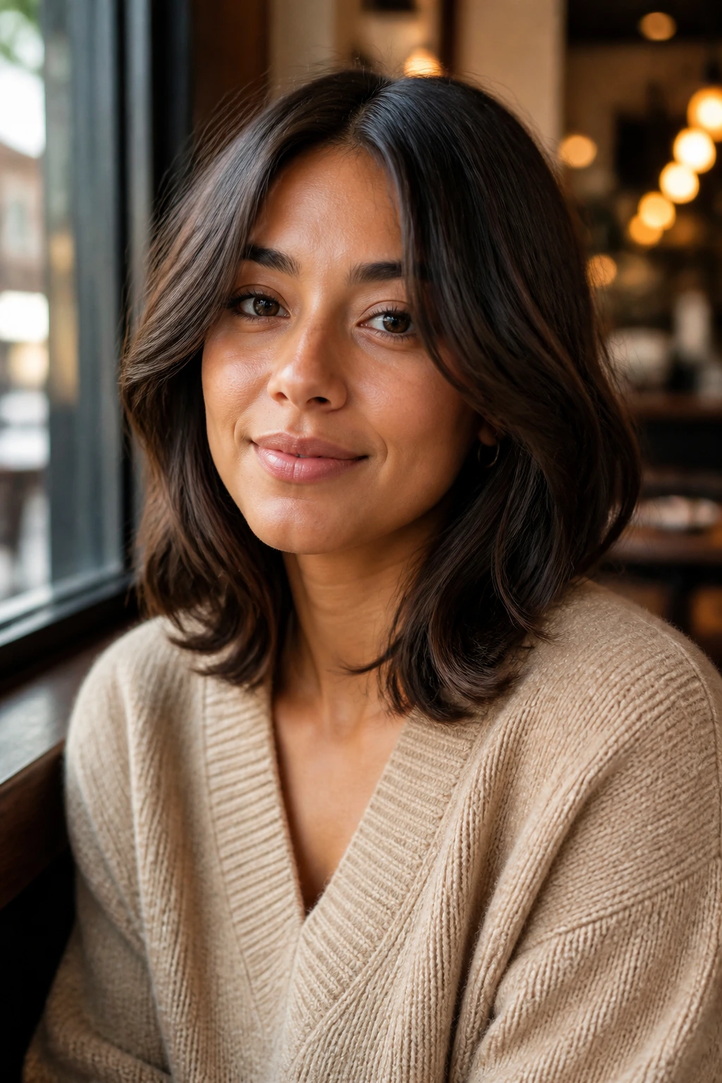 Close-up of a real woman with rounded shoulder-length cut in brunette under natural daylight