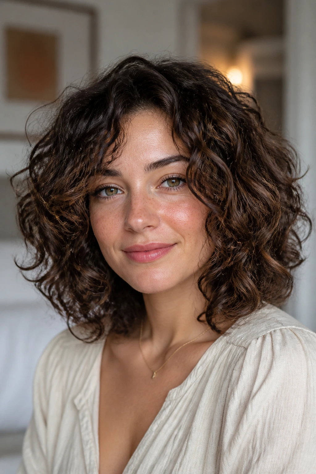 Close-up of a real person with rounded shoulder-length curly cut in a cozy room.