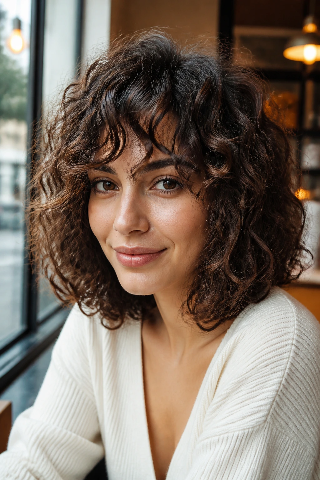 Close-up of shoulder-length curls with face-framing bangs in cafe light.