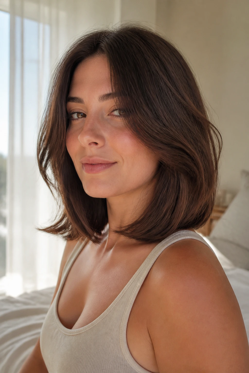 Close-up of a woman with rounded shoulder-length hair in sunlit room