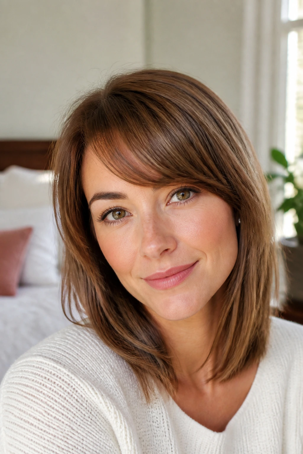 Close-up portrait of a real woman with a rounded side bang softly curved across the forehead.