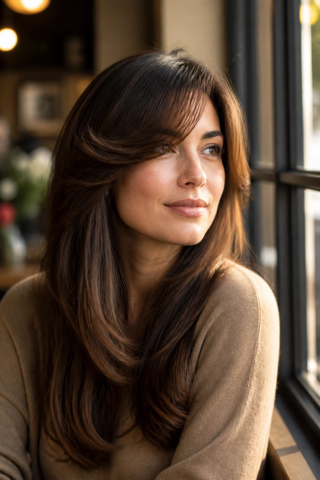 Head-and-shoulders portrait of a real woman with rounded side bangs