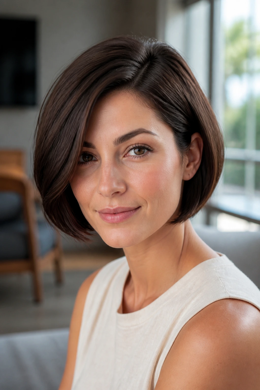 Close-up of a woman with a rounded side-part bob framing her face.