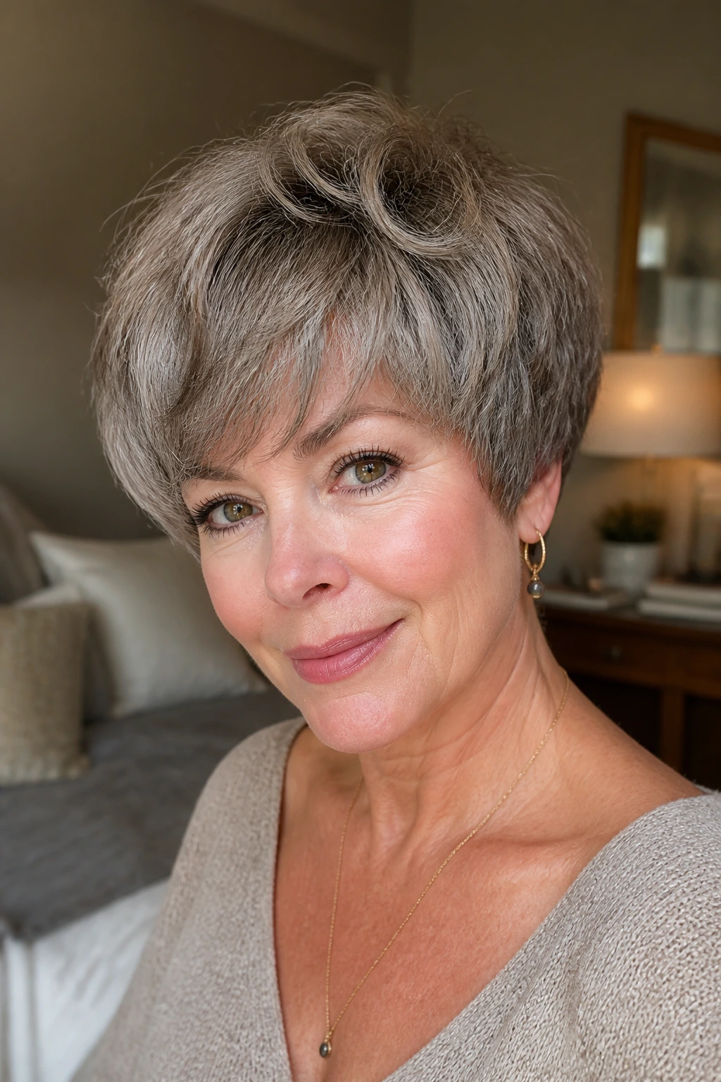 Real woman with rounded soft crop pixie showing curved silhouette