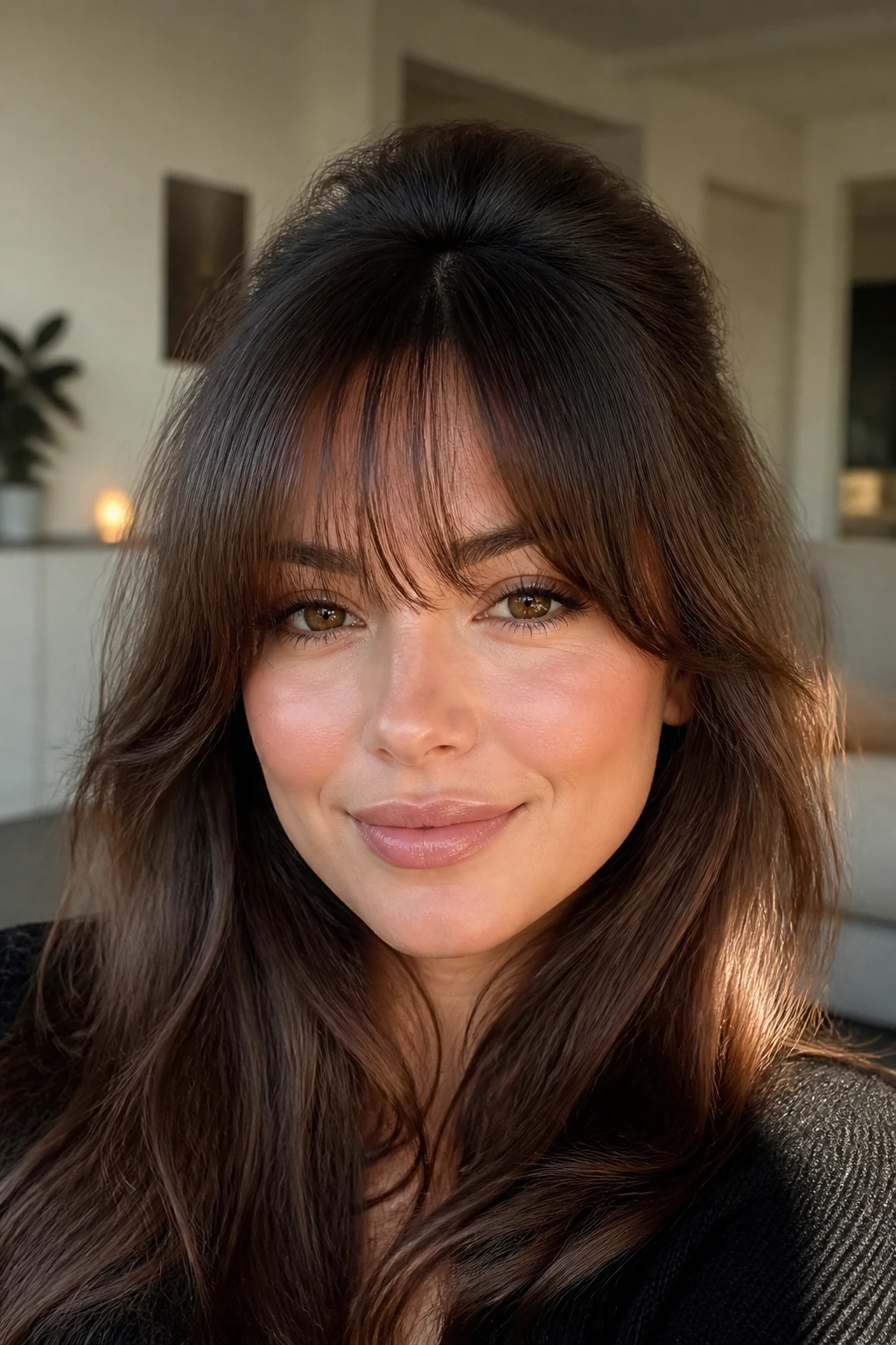Real woman with rounded soft fringe and crown volume in warm daylight