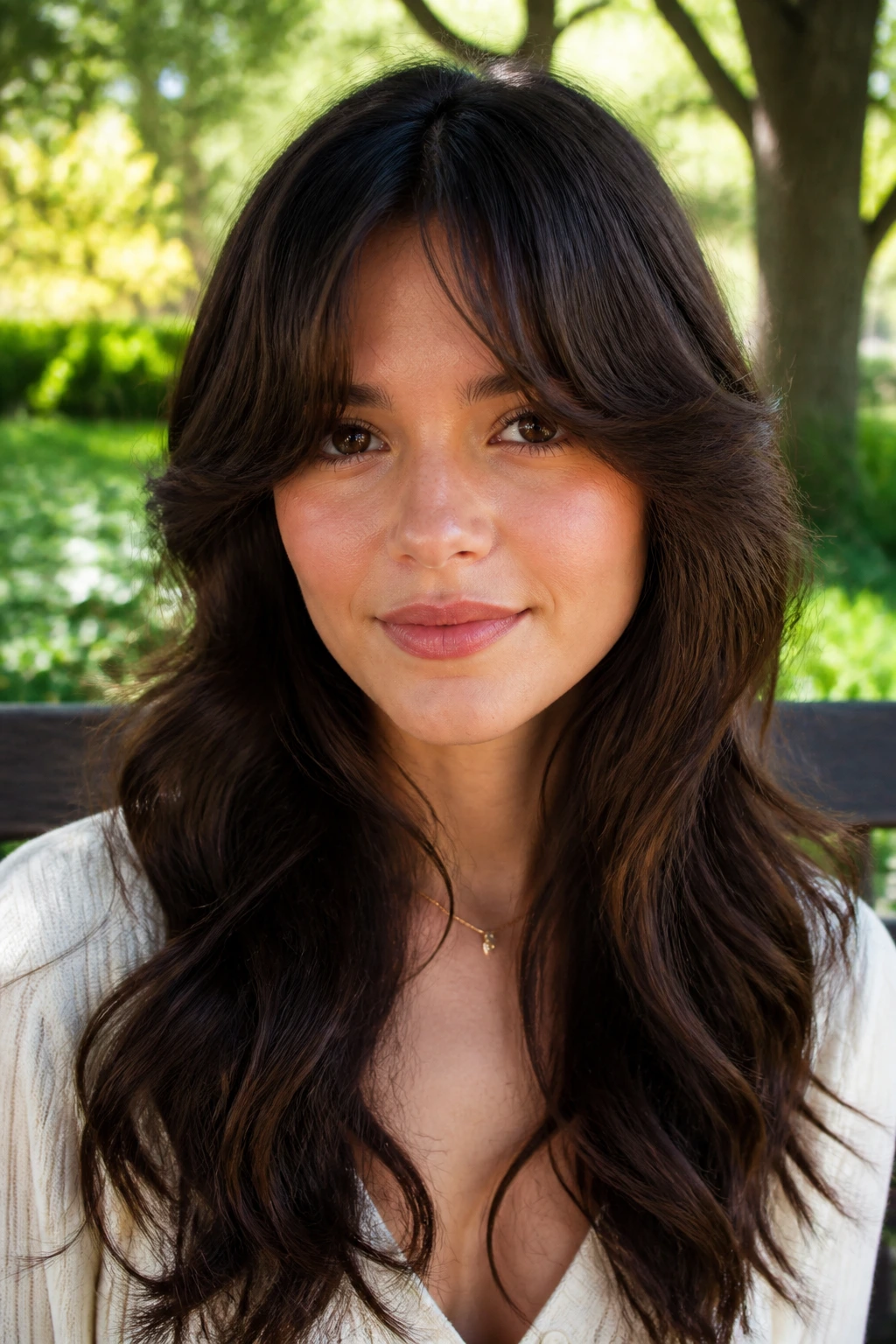 Real woman with rounded temples fringe outdoors in daylight