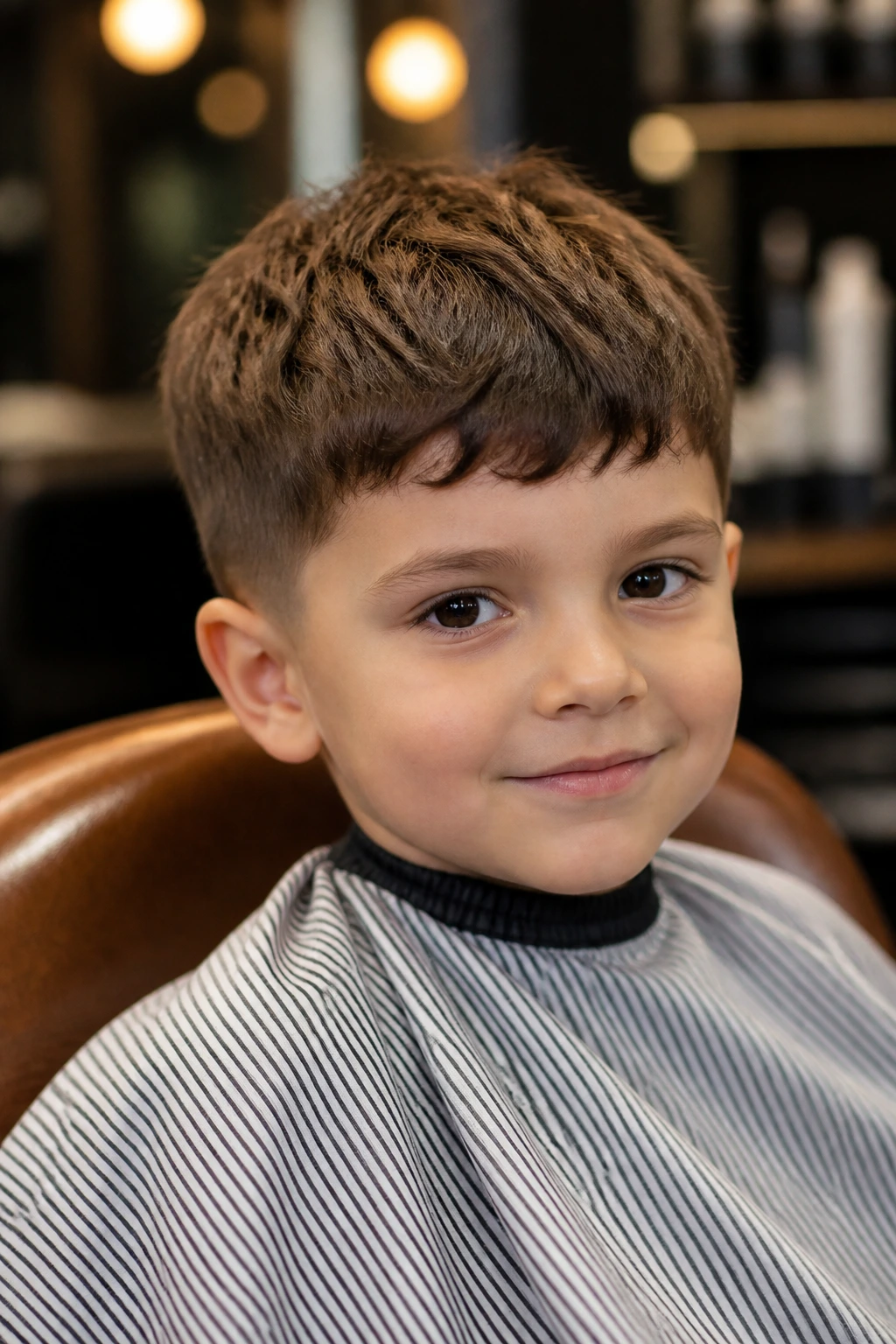Close-up of a real child with a rounded textured crop in a warm barbershop setting