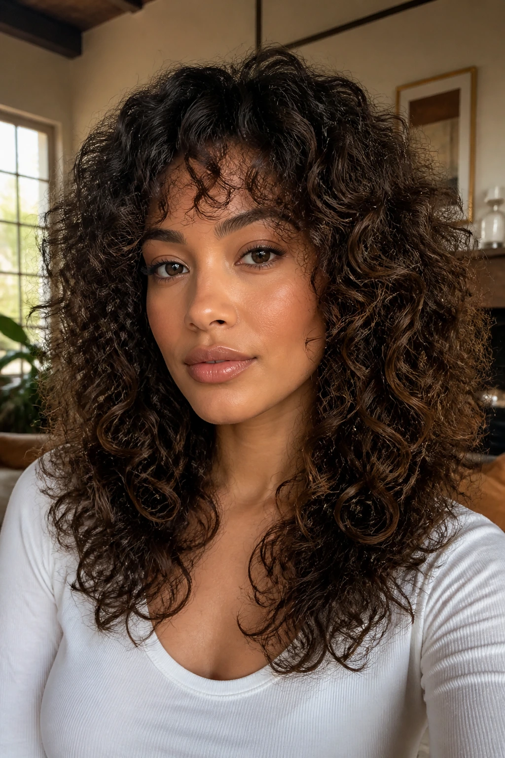 Close-up of rounded thick-hair layers on a real woman's curls, warm daylight