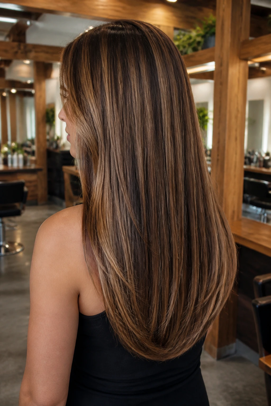 Three-quarter back profile of a woman with rounded U-cut and caramel lowlights
