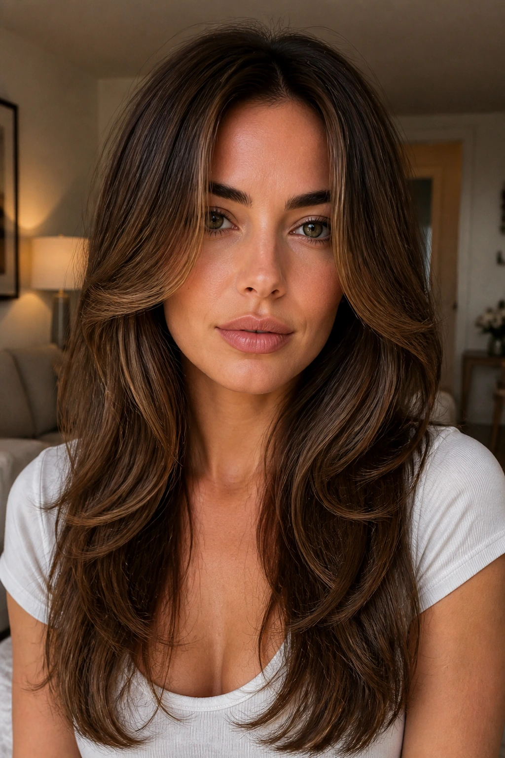 Rounded U-frame layers framing the face on real woman