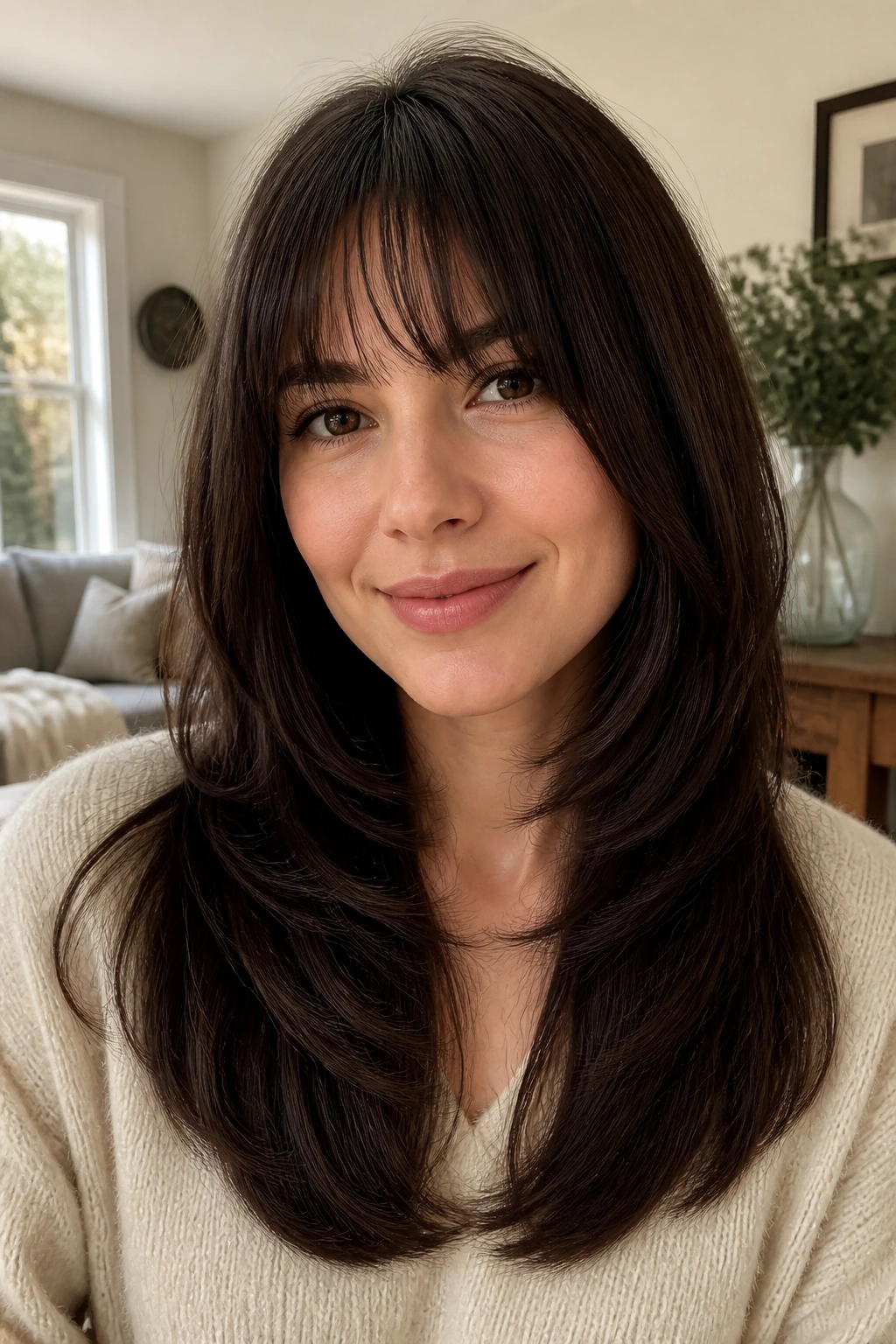 Portrait of a woman with rounded U-layers and chin-skimming bangs in daylight