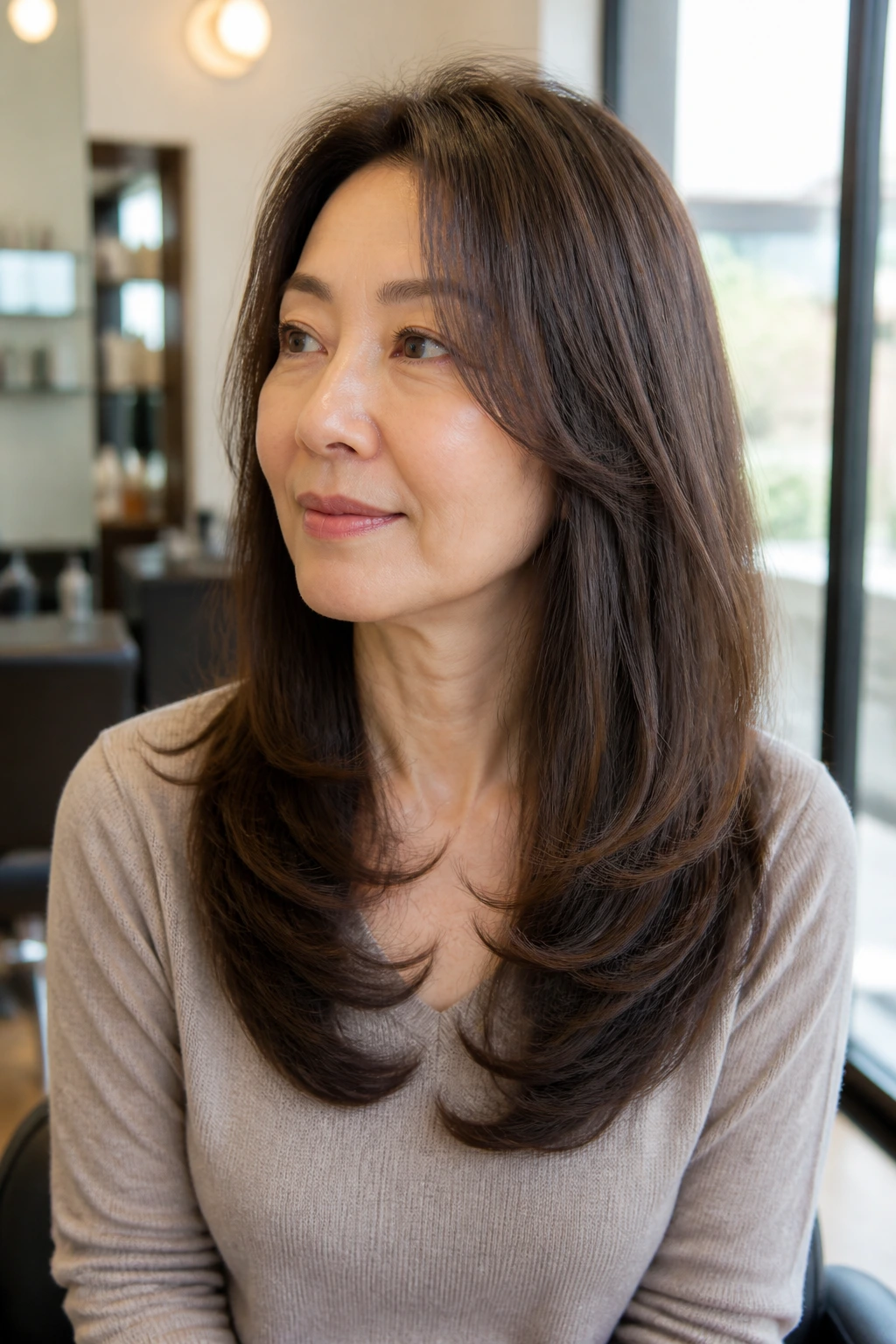 Close-up portrait of a real woman with a rounded U-shape cut showing curved back and shoulder framing