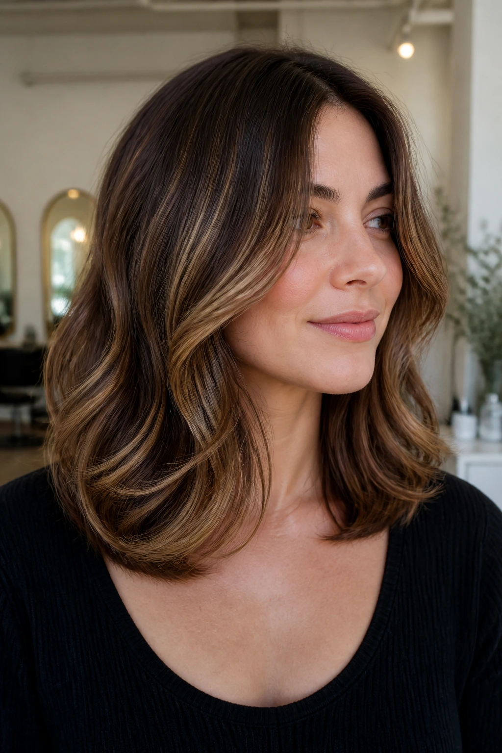 Close-up portrait of a real woman with rounded U-shape cut and floating ends.
