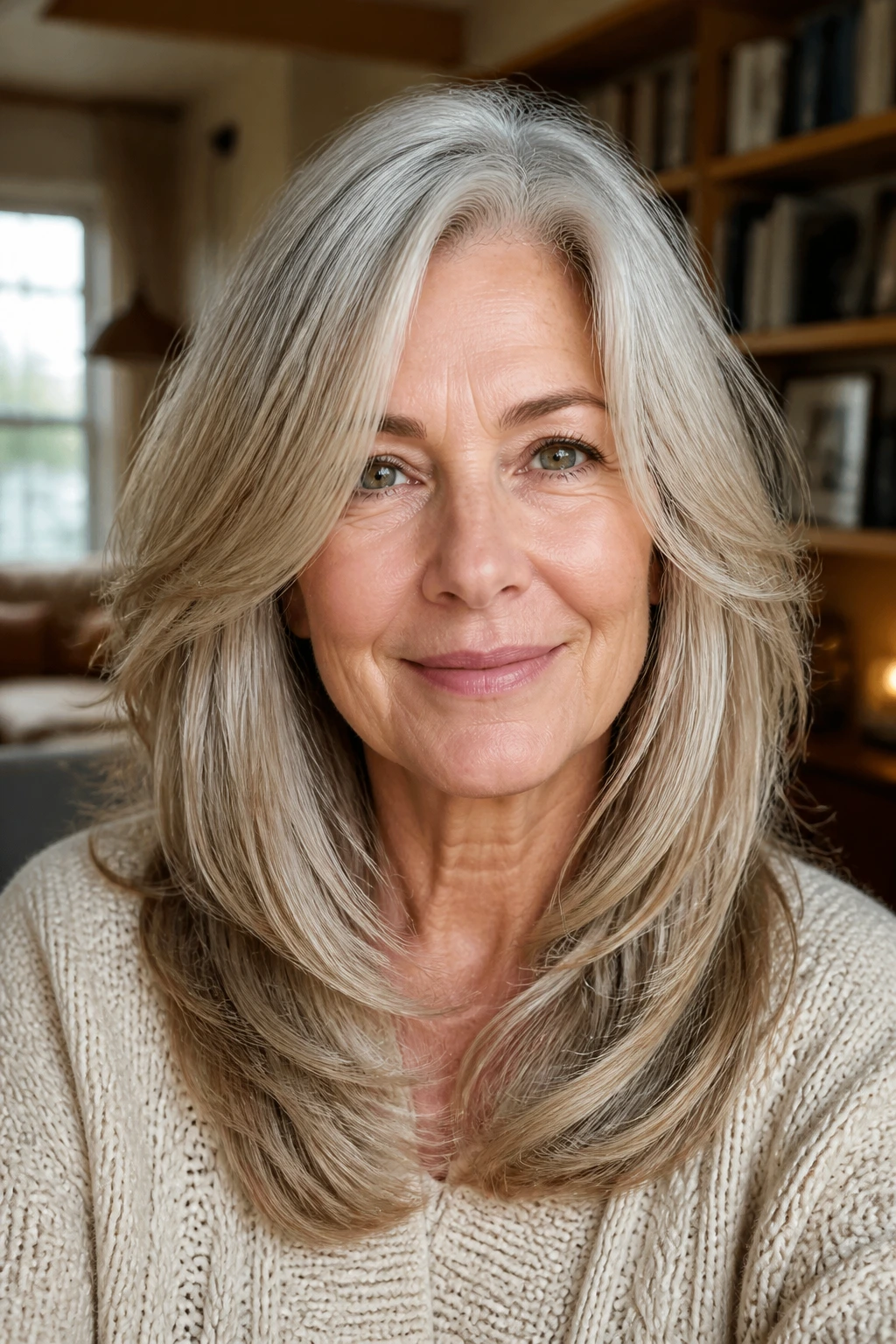 Real woman with rounded U-shape layers framing her face
