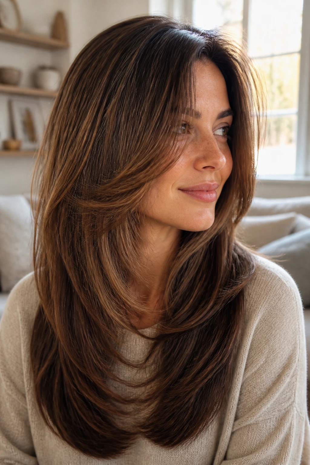 Close-up of a real woman with rounded U-shape layered hair in warm window light